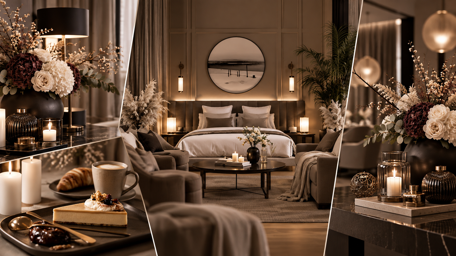 Hotelatmosph&auml;re mit warmem Licht, Blumen, gem&uuml;tlichem Schlafzimmer sowie Kaffee und Dessert